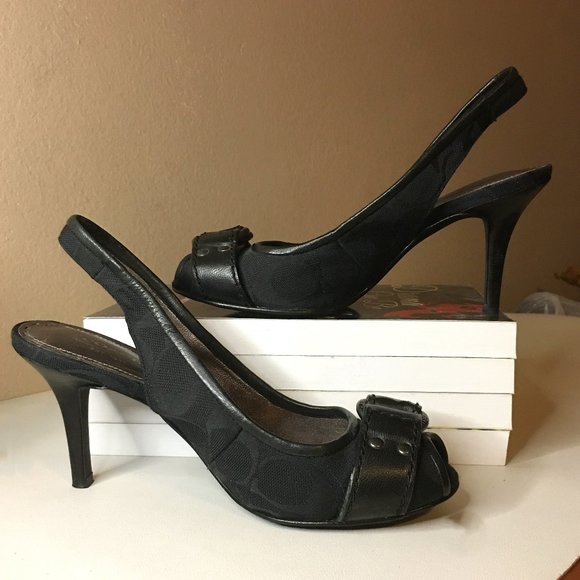 COACH "Diane" Logo'd Canvas & Leather Sling Back Heels 🐴 - Picture 2 of 15